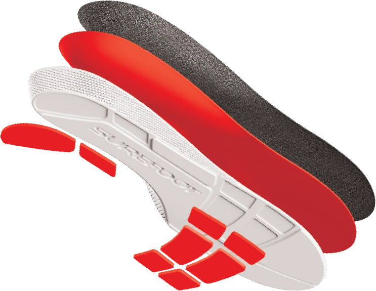 Exploded view of Conforma Alto, showing the top cover, foam midsole, molded base and separate heel and forefoot cushioning zones