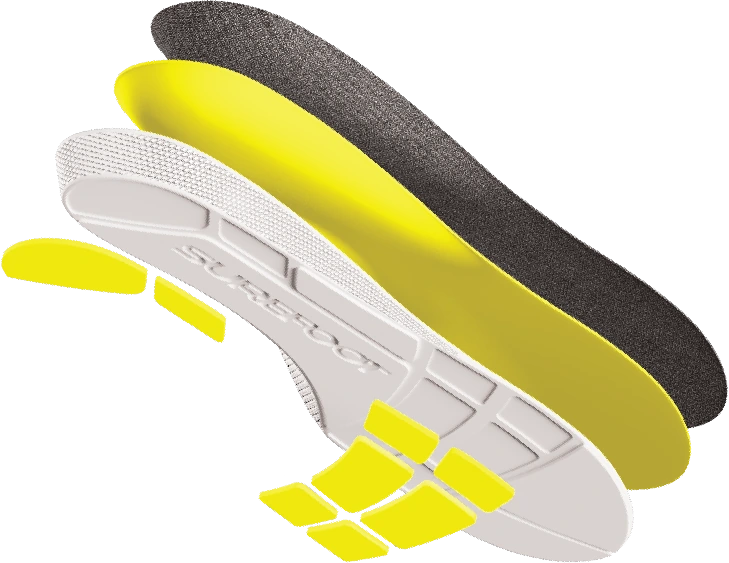 Exploded view of Conforma Basso, showing the top cover, foam midsole, molded base and separate heel and forefoot cushioning zones