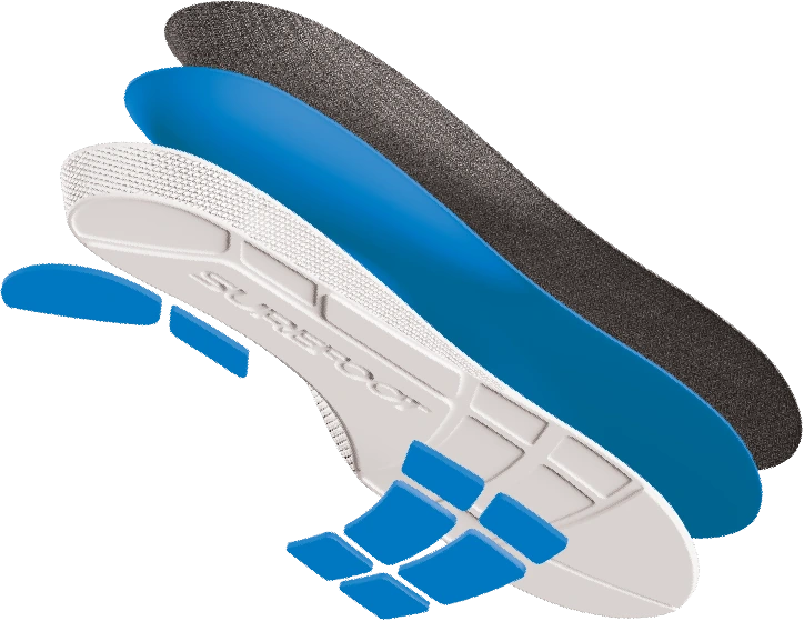 Exploded view of Conforma Medio, showing the top cover, foam midsole, molded base and separate heel and forefoot cushioning zones
