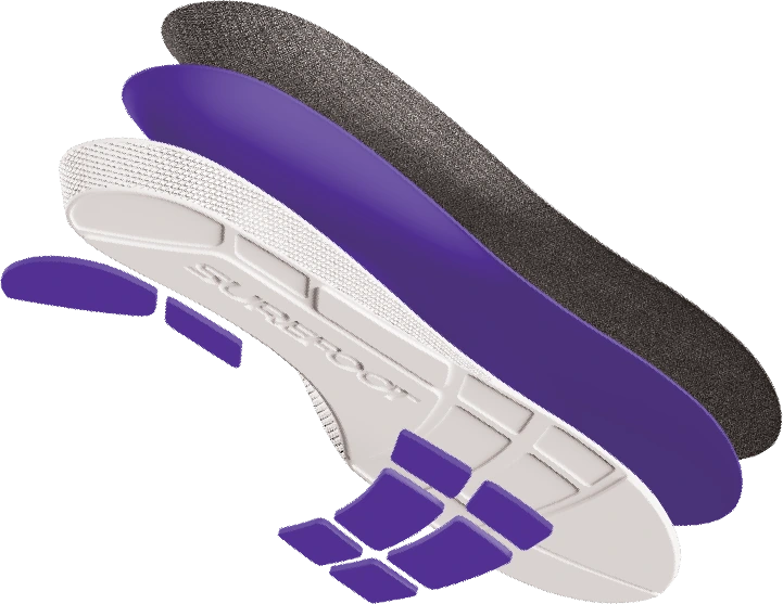 Exploded view of Conforma Stretta, showing the top cover, foam midsole, molded base and separate heel and forefoot cushioning zones