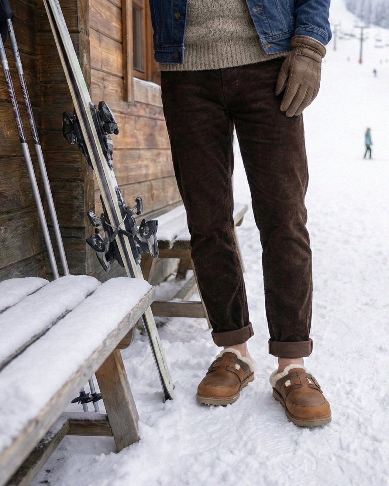 The Après Clog in brown leather, outside a ski lodge