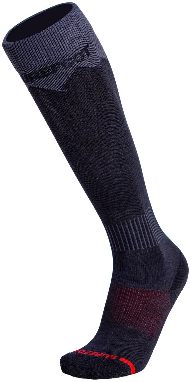 The Surefoot Vapor Peaks ski sock, its knit zones labeled from the cuff down to the seamless toe